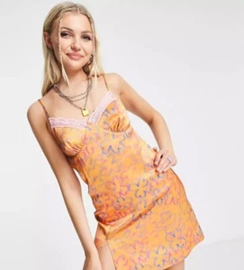 COLLUSION floral print satin summer slip mini dress with lace trim in orange UK6 - Picture 1 of 4