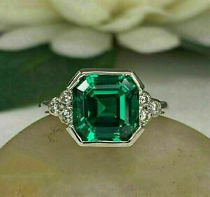 2Ct Asscher Cut Green Emerald Lab-Created Engagement Ring 14K White Gold Plated