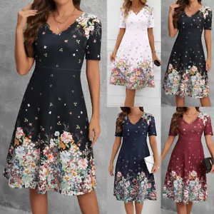 Womens Summer Floral Midi Dress Ladies Boho Beach Holiday Short Sleeve Sundress - Picture 1 of 18