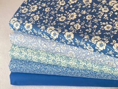 JOHN LOUDEN & ROSE AND HUBBLE FABRIC 100% cotton fabric Fat Quarter Bundle quilting patchwork craft floral delph blue