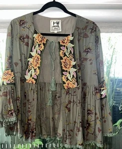 Boho Jaase Kimono Jacket Blouse Size S Green Embroidered Floral - Picture 1 of 4