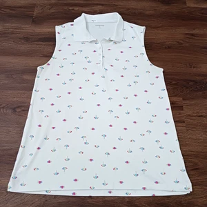 Lands End Womens M White Polo Shirt Sleeveless Collar Cotton Slits Umbrellas - Picture 1 of 6