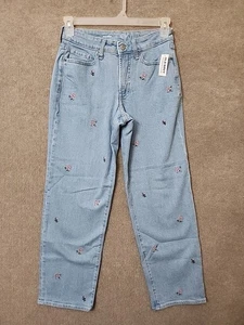 Old Navy OG Loose Jeans Womens 4 Petite Blue Light Wash Embroidered Stretch NEW - Picture 1 of 9