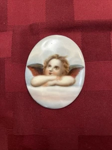 Madonna Sistine Cherub Antique Signed Porcelain Oval Plaque - Picture 1 of 1