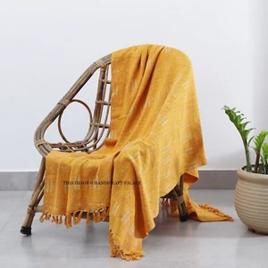 Indian Hand Block Print Blanket Handloom Yellow & Beige Cotton Sofa Bed Throw - Picture 1 of 6