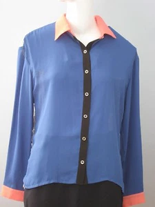 PINK MARTINI Size L Blue Sheer with White Lace Back Long Sleeve Blouse - Picture 1 of 4