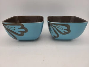 Pier 1 Imports Hibiscus 2 Bowls Hand Painted Teal Blue - Picture 1 of 8
