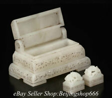 5.2" Top Chinese Hetian White Jade Nephrite Carved Dragon Seal Stamp Box Set