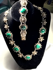 Collar Pulsera Plata Esterlina 925 Vintage México Taxco Malaquita Fabuloso - Imagen 1 de 7