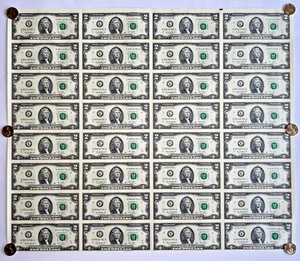 $2 Two Dollar Bills Uncut Currency Sheet of 32 Notes 2013 Dallas Texas - $64 - Picture 1 of 1
