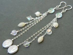 Vintage AB Crystals, MoP & FW Pearls & Silver ~ Alex Polizzi Style Long Earrings - Picture 1 of 12