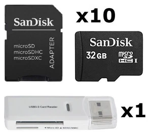 10 Pack of SanDisk 32GB Micro SD SDHC Memory Card 32G SDSDQAB-032G w/ Adapter - Picture 1 of 1