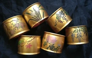 6 Lot Vtg Napkin Rings Antique Lacquer Japan Hand Paint Flower Wood Box NOS HTF - Picture 1 of 16