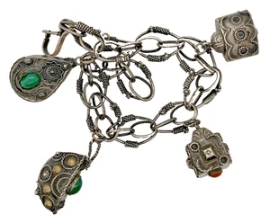 800 Silver Etruscan Revival Jade Coral Canetille 4 Charm Bracelet Victorian 8" - Picture 1 of 12