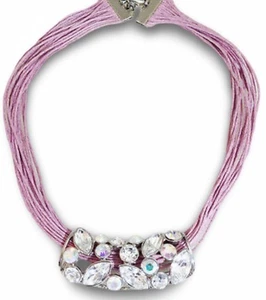 Lia Sophia "Socialite” Clear Cut Crystal Stones Slide Pink Cords Necklace - Picture 1 of 4