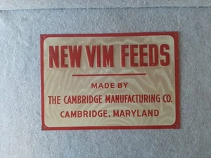 Vintage Embossed Sign NEW VIM FEEDS Cambridge Manufacturing Maryland Cannery - Picture 1 of 4
