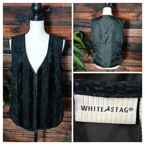 White Stag Vest Size M 8 10 Black Velvet Embroidered Button Front Boho Lace Trim - Picture 1 of 12