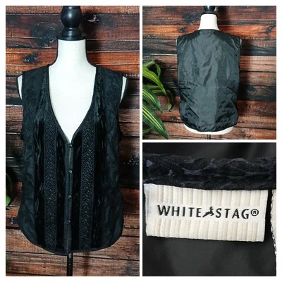 White Stag Vest Size M 8 10 Black Velvet Embroidered Button Front Boho Lace Trim - Image 1 of 4