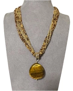 NEW Lia Sophia Multi Strand Beaded Necklace Tigers Eye Stone Pendant Gold 18” - Picture 1 of 10