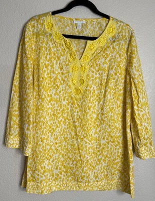 Blusa túnica boho Charter Club para mujer XL amarilla adornada viaje playa Foto 1 de 4