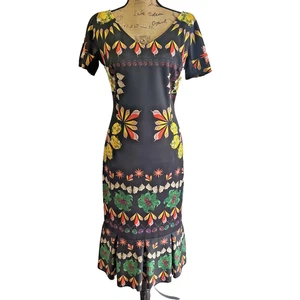 Cavalli Class By Roberto Cavalli Black Floral Bodycon V-neck Midi Dress Sz 8 - Picture 1 of 18