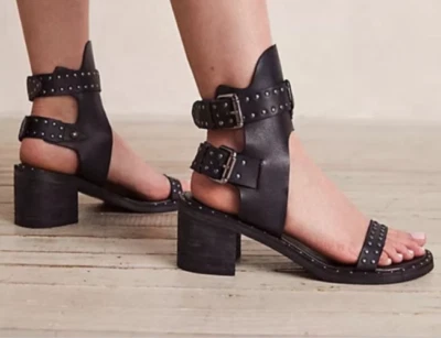 Nueva Sandalia Free People Happiness Tacón Cuero Negro Talla 38/38.5/US 8.5M $158 Foto 1 de 4