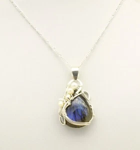 Labradorite gemstone & real Pearls Sterling Silver large Pendant Necklace - Picture 1 of 8