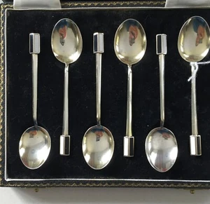 1933 Birmingham Set 6 Sterling Silver and Enamel Coffee Spoons Boxed - Picture 1 of 7