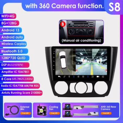 Autoradio camera 360 9 pollici 2Din per BMW Serie 1 E81 E82 E87 E88 clima MANUAL - Immagine 1 di 4