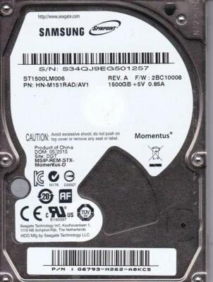 Samsung ST1500LM006 pn: HN-M151RAD/AV1 sn: S34 fw: 2BC10008 DGT 1.5TB  A24-18 - Image 1 of 2