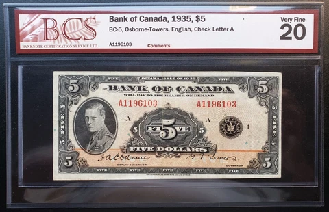 1935 Bank of Canada $5 Dollars Osborne-Towers Signature A1196103 BCS VF20 BC-5 Cover
