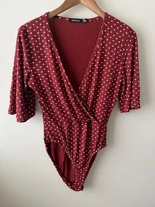 Boohoo Top Size 12 Brown Polka Dot Short Sleeve Wrap Body Suit Casual Summer - Picture 1 of 6