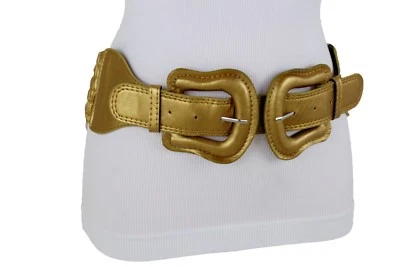 Mujeres Púrpura Rojo Dorado Plata Verde Elástico Banda Ancha Cinturón Doble Hebilla Talla M L Foto 1 de 4