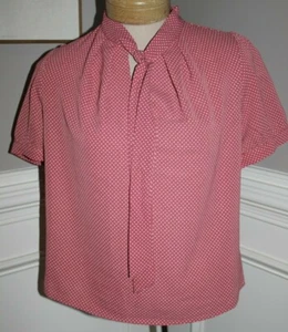 Monteau Top Tie neck polka dots pink white short sleeve M blouse granny cottage - Picture 1 of 11