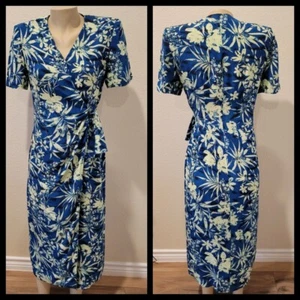Adrianna Papell Blue+Sage 100% Silk Wrap Tie Side Sheath Maxi Dress 6 - Picture 1 of 5