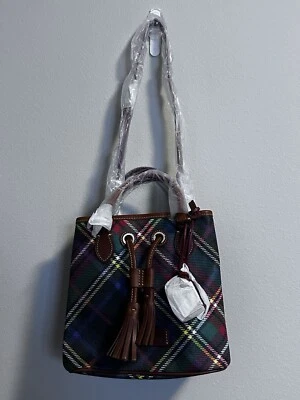 NWT Dooney & Bourke Plaid Tartan Drawstring Bucket Bag Leather Trim - Image 1 of 4