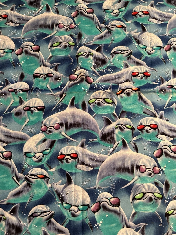 FUNKY DOLPHINS “Blue” Awesome Dolphin Quilting Sewing Fabric (100x112cm) Cotton - image 1 of 4