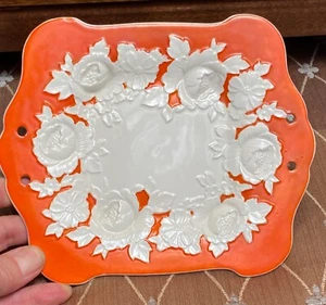 Vintage Japan Noritake? Orange & Cream Relief Floral Plate holes for handles - Picture 1 of 4