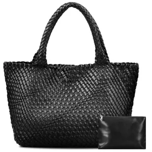 Women Woven Bag Large Travel Handbags Handmade Shoulder Vegan Leather Tote Bag - Picture 1 of 14