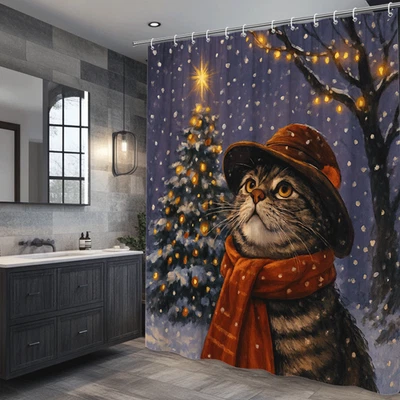Linda cortina de ducha para gato de Navidad para decoración navideña Foto 1 de 4