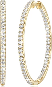 Pendientes de aro de oro de 14K para mujer, aros de doble diamante, 40 mm X 2 mm - Imagen 1 de 12