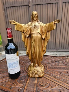 Antica statua calice in bronzo francese Sacro Cuore Cristo Gesù - Foto 1 di 9