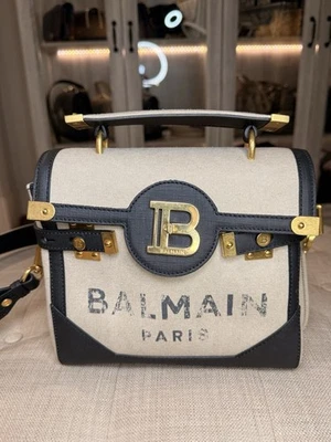 Bolsa Balmain B-Buzz 23 logotipo lona e couro alça superior natural - Imagem 1 de 4