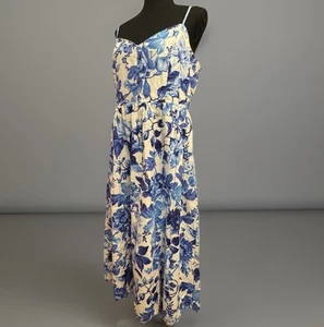 H&M Women’s Large Linen Blend Dress Coastal Festival Wedding Guest Blue White - Picture 1 of 8