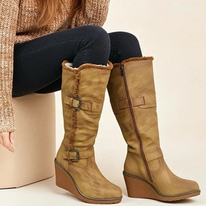 LADIES KNEE HIGH BOOTS FUR LINED WOMENS FAUX LEATHER ZIP UP WEDGE BOOTS SIZE UK - Picture 1 of 5