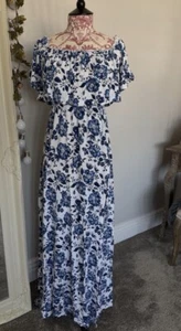 H&M Bardot Blue & White Floral Double Layered Maxi Summer Dress Slit Size UK 12 - Picture 1 of 3