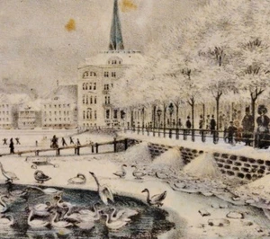 Kreide-kolor. Lithographie nach Peter Suhr 1832: DIE BINNEN-ALSTER IM WINTER - Bild 1 von 9