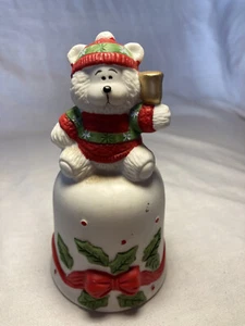Snow Teddy Bear in Sweater Ceramic Ringing Bell White Holly House of Lloyd - Picture 1 of 5