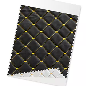 Embossed Black Faux Leather Lining Yellow Diamond Stitch Car Upholstery 55x39" - Picture 1 of 8