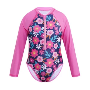 Girls Swimwear Long Sleeve Bathing Suit Floral Palm Trees Pattern Beachwear - Picture 1 of 74